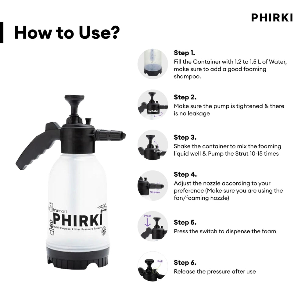 PHIRKI foam cannon with usage instructions on a white background