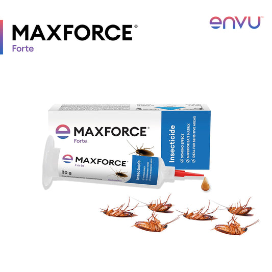 Maxforce Forte insecticide packaging with cockroaches on a white background