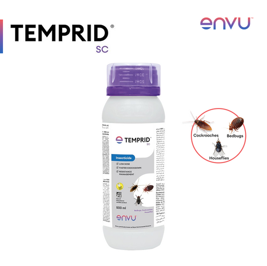 Temprid SC insecticide bottle with purple cap on a white background, featuring Envu logo.
