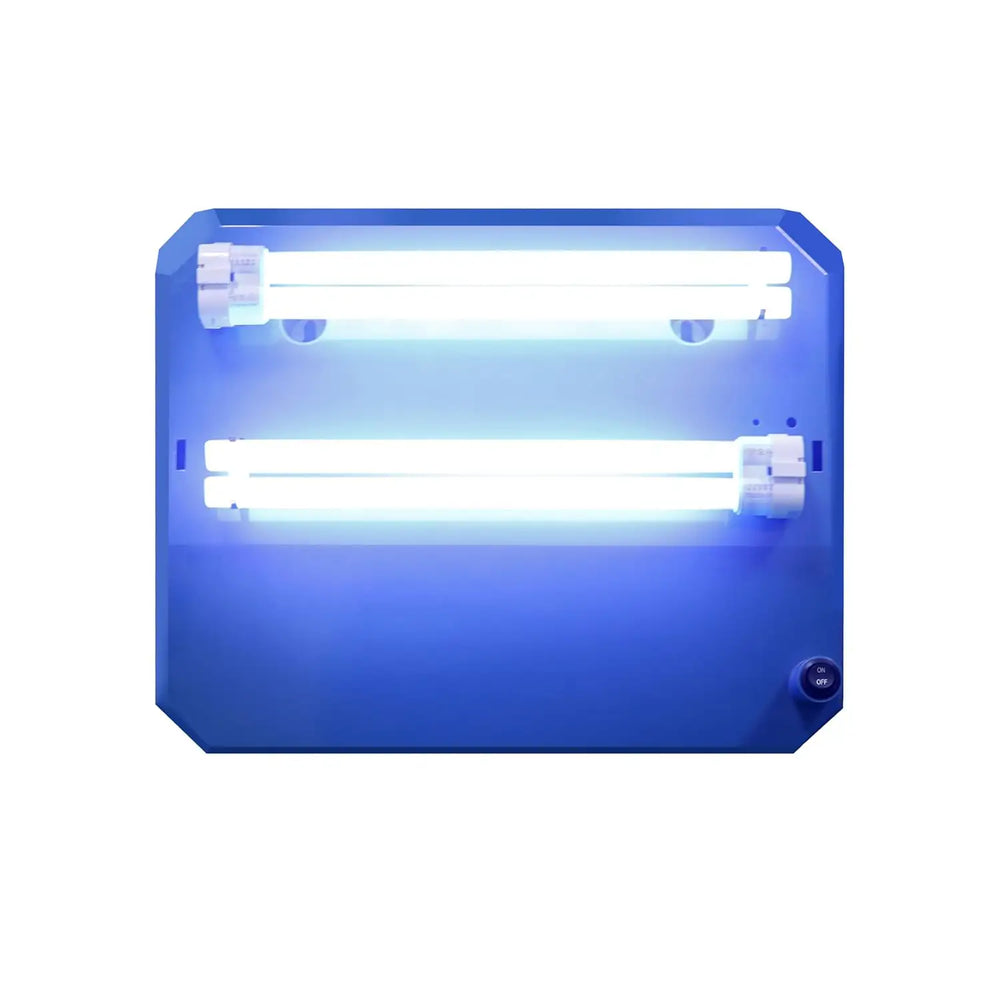 Blue rectangular light fixture with two visible bulbs on a white background
