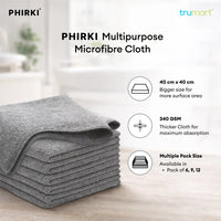 PHIRKI Multipurpose Microfibre Cloth with product details on a blurred indoor background