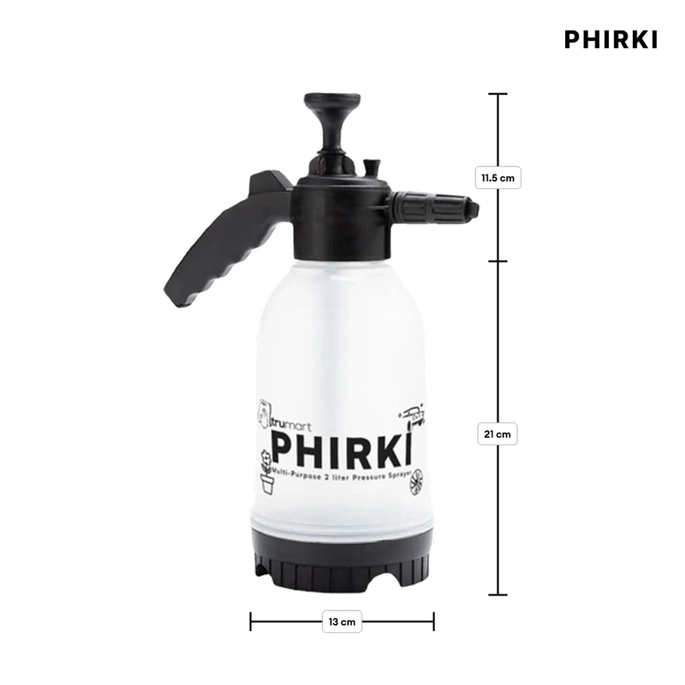 White pressure sprayer with black handle and PHIRKI branding, shown with dimensions on a white background.