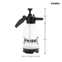 White pressure sprayer with black handle and PHIRKI branding, shown with dimensions on a white background.