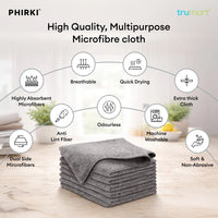 Stack of gray microfiber cloths with features listed on a light background