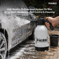 PHIRKI sprayer being used to wash a car with text about its uses.