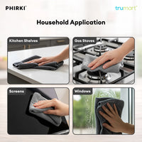 PHIRKI microfiber cloths being used on kitchen shelves, gas stoves, screens, and windows with trumart branding.