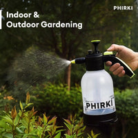 Person using a PHIRKI gardening spray bottle on plants with text 'Indoor & Outdoor Gardening'.