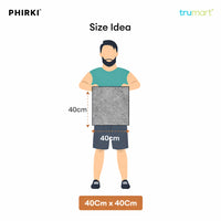 Illustration of a person holding a 40cm x 40cm square with PHIRKI and trumart branding.