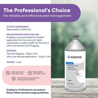 Kingfog pest management product with specifications and branding on a blurred natural background