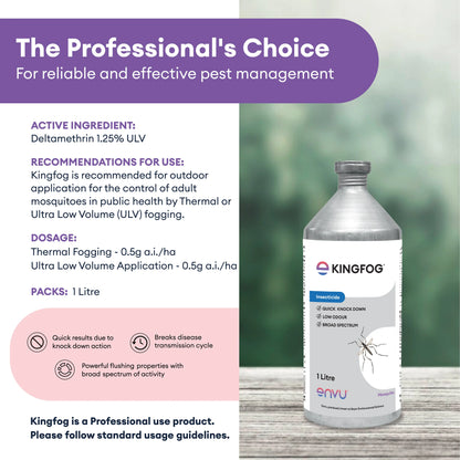 Kingfog pest management product with specifications and branding on a blurred natural background