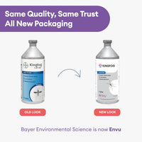 Two Kingfog pesticide bottles, one labeled 'Old Look' and the other 'New Look', with text about packaging change and brand name update.