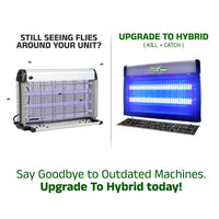 Two models of fly traps with text promoting a hybrid upgrade.