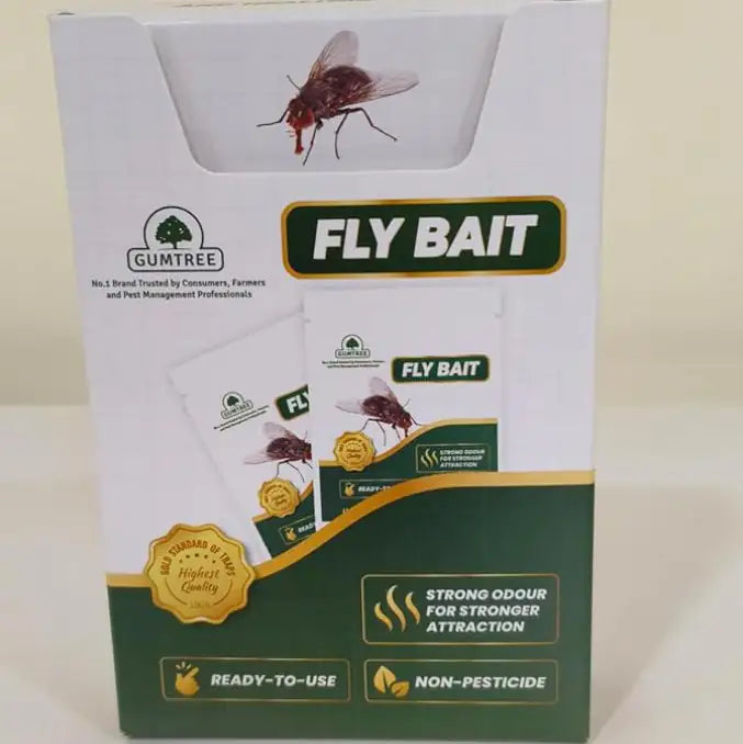 Gumtree fly bait packaging with images of flies and text on a white background