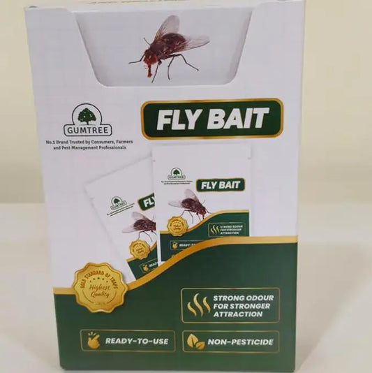 Gumtree fly bait packaging with images of flies and text on a white background
