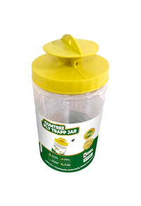 Yellow fly trap jar with a label on a white background