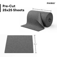 PHIRKI pre-cut carpet tiles shown as a roll and a flat square sheet, both in dark gray with dimension labels indicating 25 cm by 25 cm, on a white background with text reading 'Pre-Cut 25x25 Sheets'.