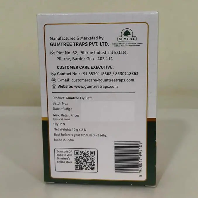 Back of a Gumtree Traps product packaging with branding and contact information.