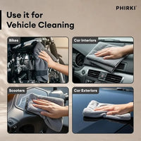 Promotional graphic for PHIRKI microfiber cleaning cloths showing four use cases: bikes, car interiors, scooters, and car exteriors. The graphic features a beige background with the PHIRKI brand logo in the top right and bold text reading 'Use it for Vehicle Cleaning.