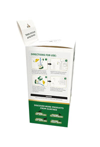 Product packaging with directions for use and branding on a white background