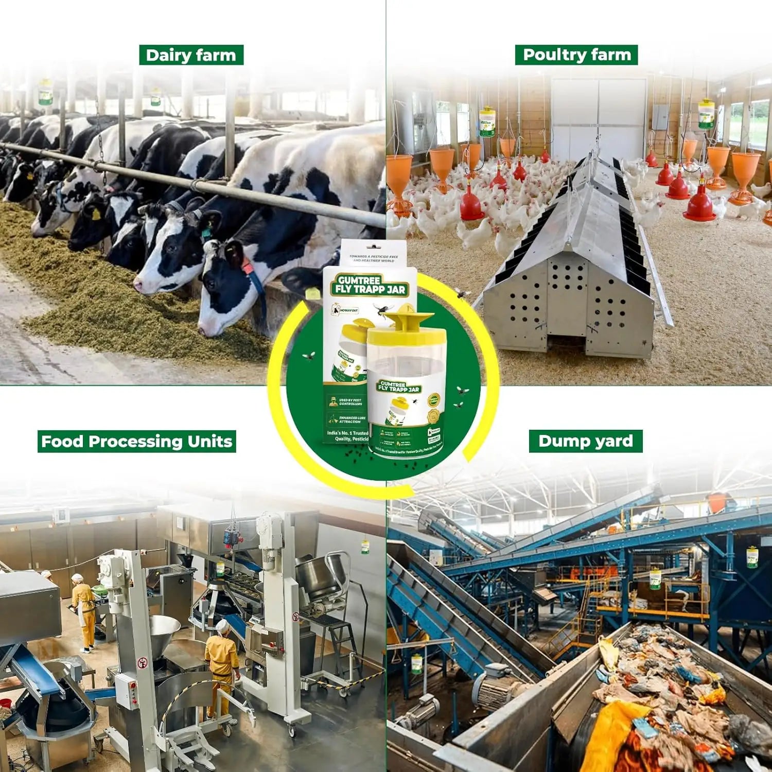 Collage of different farming and industrial settings with a product in the center.