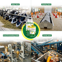 Collage of different farming and industrial settings with a product in the center.