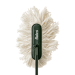 A close-up of a duster brush head with a dark green handle cover and white microfiber duster cloth, shown against a solid white background.