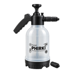 Trumart PHIRKI 2 liter pressure sprayer bottle with a clear plastic body, black pump handle and base, shown on a white background with a detached nozzle cap.