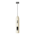 A handheld electric milk frother with a cream-colored body and a silver metal whisk attachment, shown vertically on a plain white background. The brand name 'haizo' is printed in black on the front of the body.