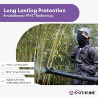 Person using a pesticide sprayer with text about K-Othrine's FFAST technology in the background.