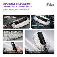 A promotional collage for a car waxing/dust cleaning brush showing multiple close-up and in-use views of a ceramic wax technology brush on a car window and surface. Text highlights durable fibers, fine dust trapping, ergonomic grip, and quick polished finish.