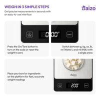 Promotional graphic for the Aizo digital kitchen scale showing three usage steps on a light gray background with text and the Aizo logo. The steps include pressing the On/Tare button, switching units with a single press, and placing ingredients on the platform.
