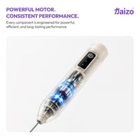 A clear cylindrical handheld device with a white end cap and a black control panel, shown on a light gray background with promotional text and the brand name aizo.