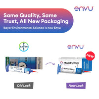 Comparison of Bayer Environmental Science product packaging with old and new designs, featuring Envu branding.