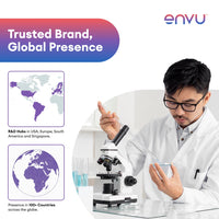Scientist using a microscope with world map and 'envu' branding