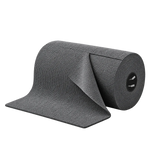 A dark gray textured yoga mat shown partially unrolled from its roll, set against a solid white background.