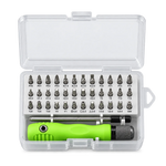 A 30-piece screwdriver bit set in a clear plastic case with a green and black rotary driver tool, photographed on a clean white background.
