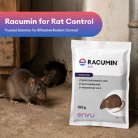 Racumin rodenticide packaging with rats in the background