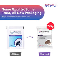Comparison of Racumin packaging with old and new designs, featuring Envu branding.