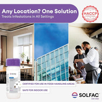 Advertisement for Solfac pest control solution with text and images of a kitchen, office, and outdoor setting.