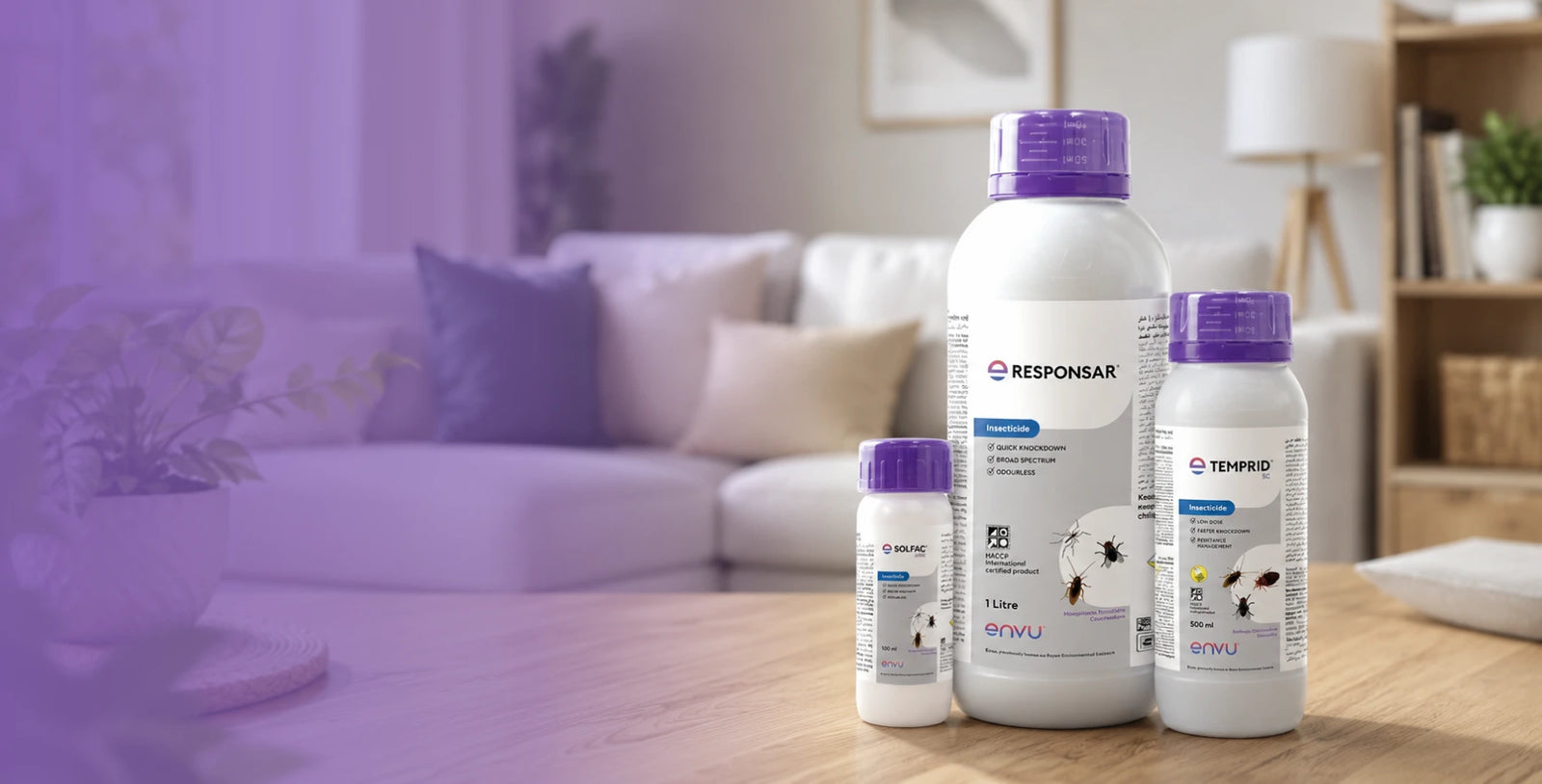 Three bottles, one of Responsar 1L, Temprid 500ml, Solfac, each on a wooden surface with a blurred living room background.