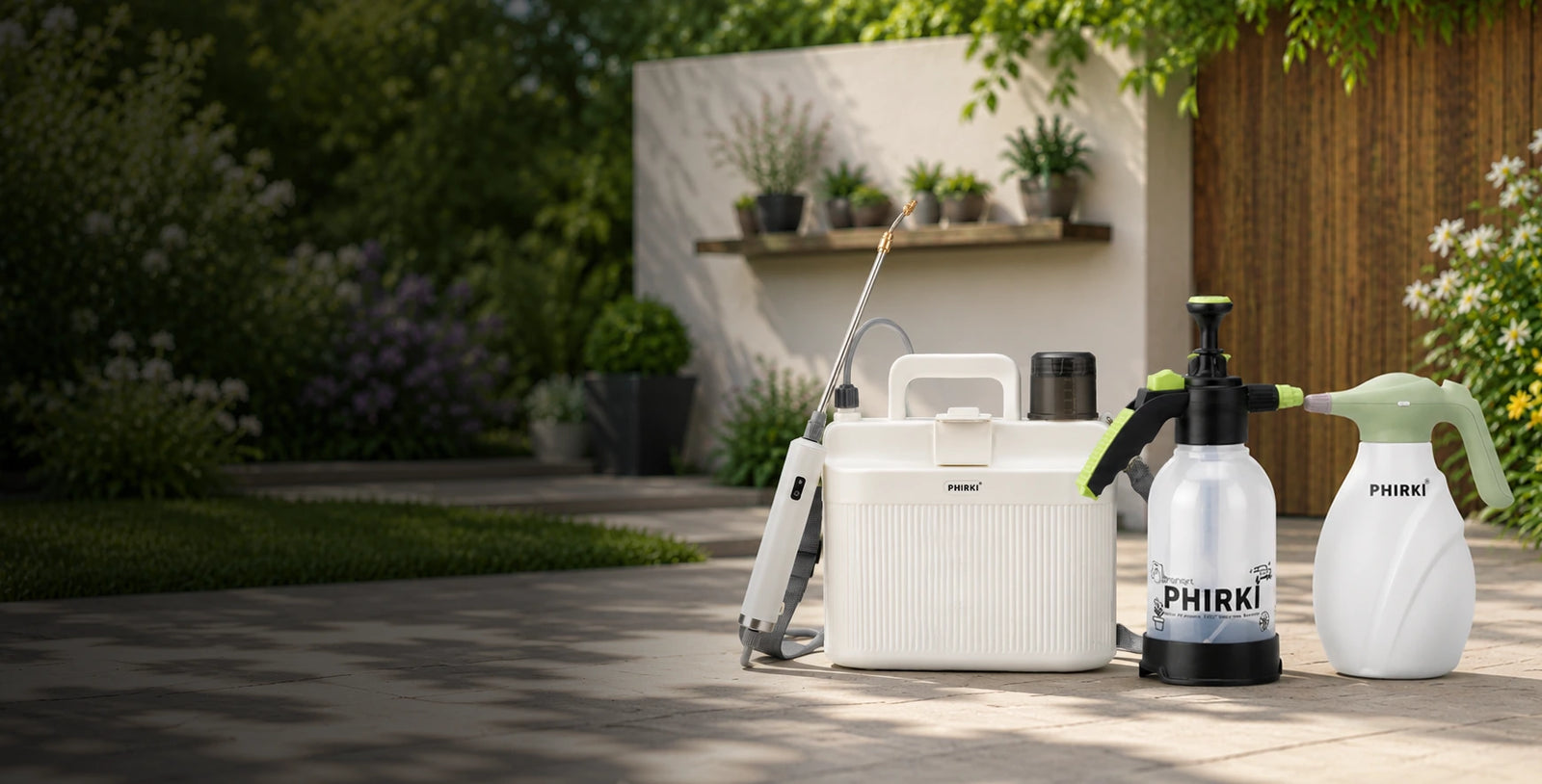 Lifestyle image of PHIRKI gardening equipments including range of sprayers including a 2L garden sprayer and electric sprayer on a patio with plants in the background.