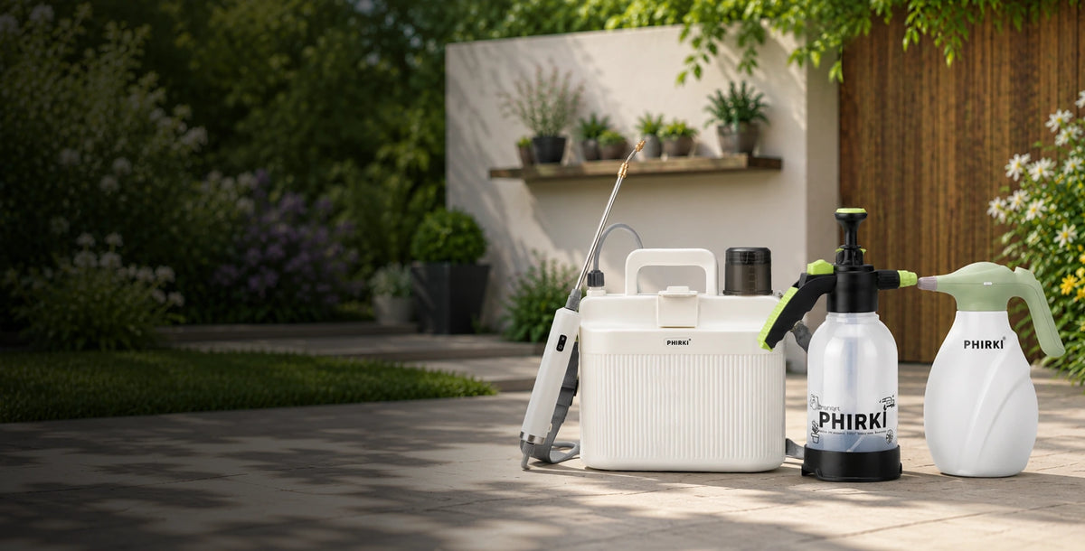 Lifestyle image of PHIRKI gardening equipments including range of sprayers including a 2L garden sprayer and electric sprayer on a patio with plants in the background.
