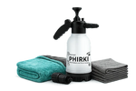 PHIRKI foam sprayer with microfiber cloths on a blue background