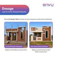 Advertisement for envu product showing dosage instructions and before/after construction treatment images.