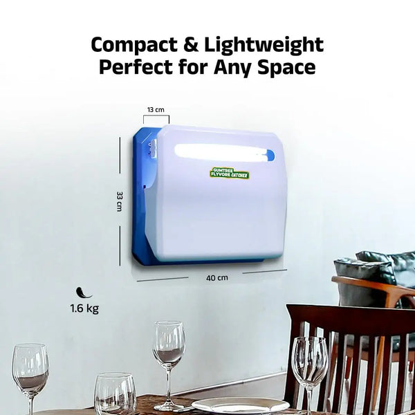 Wall-mounted fly trap with dimensions and weight displayed, set against a dining room background.