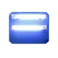 Blue rectangular light fixture with two visible bulbs on a white background