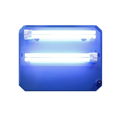 Blue rectangular light fixture with two visible bulbs on a white background