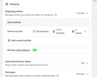 Shipping settings page with options for managing shipping profiles and split shipping on a white background.