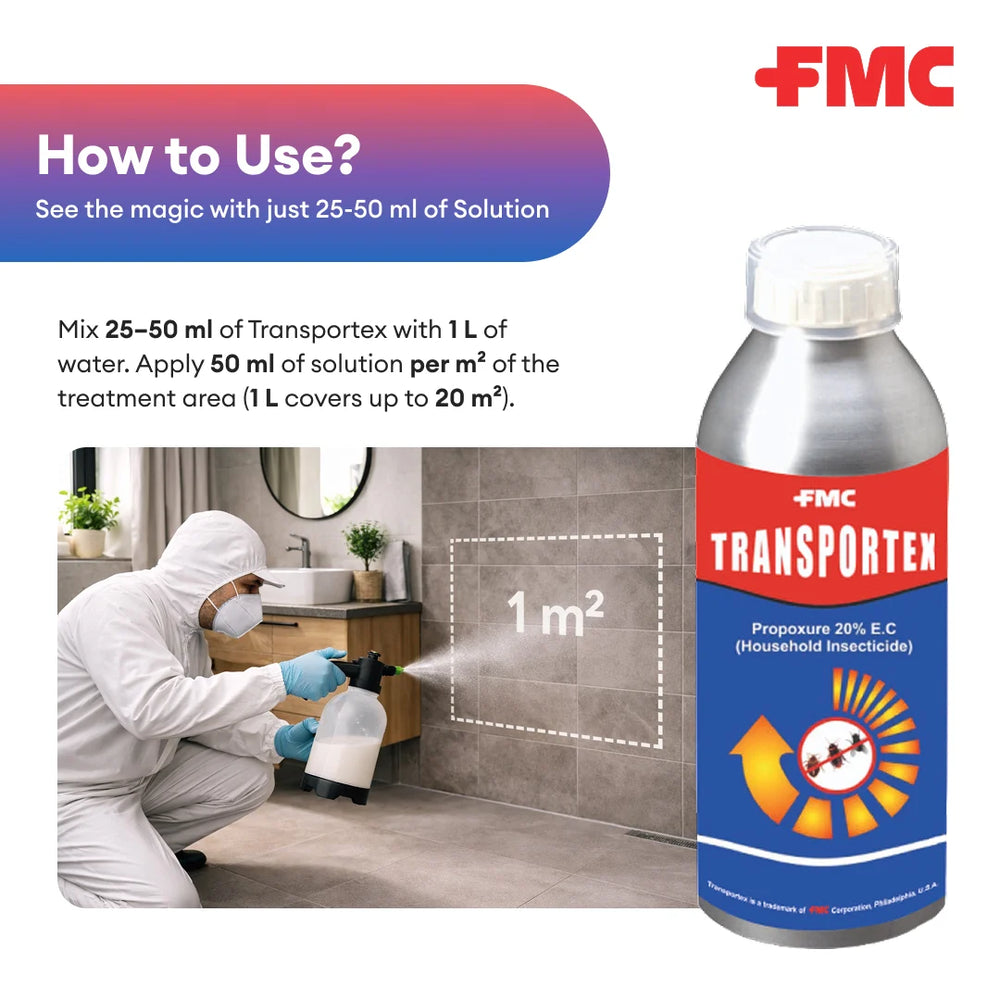 FMC Transportex pesticide bottle with application instructions and a person in protective gear in a bathroom.