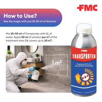 FMC Transportex pesticide bottle with application instructions and a person in protective gear in a bathroom.